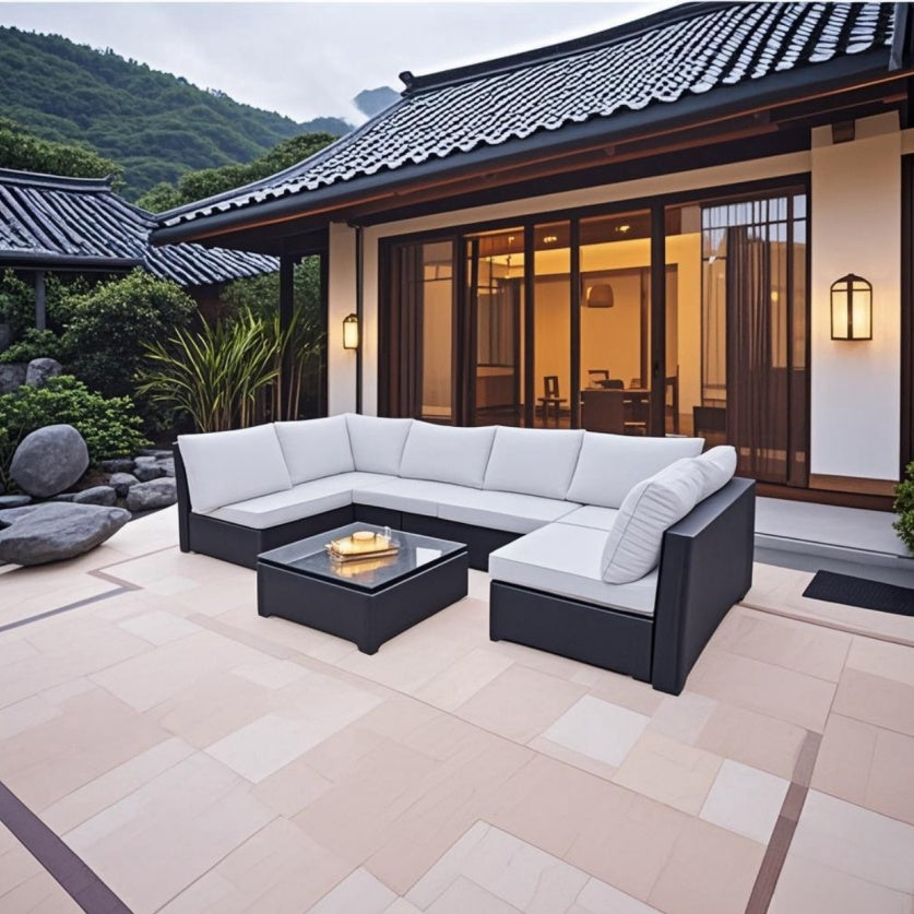 Seven-Piece Sofa Set Table With Sofa Chair Black PE Rattan Outdoor Furniture 7-JH002 Box 3-1-2-3 With Color Cushion