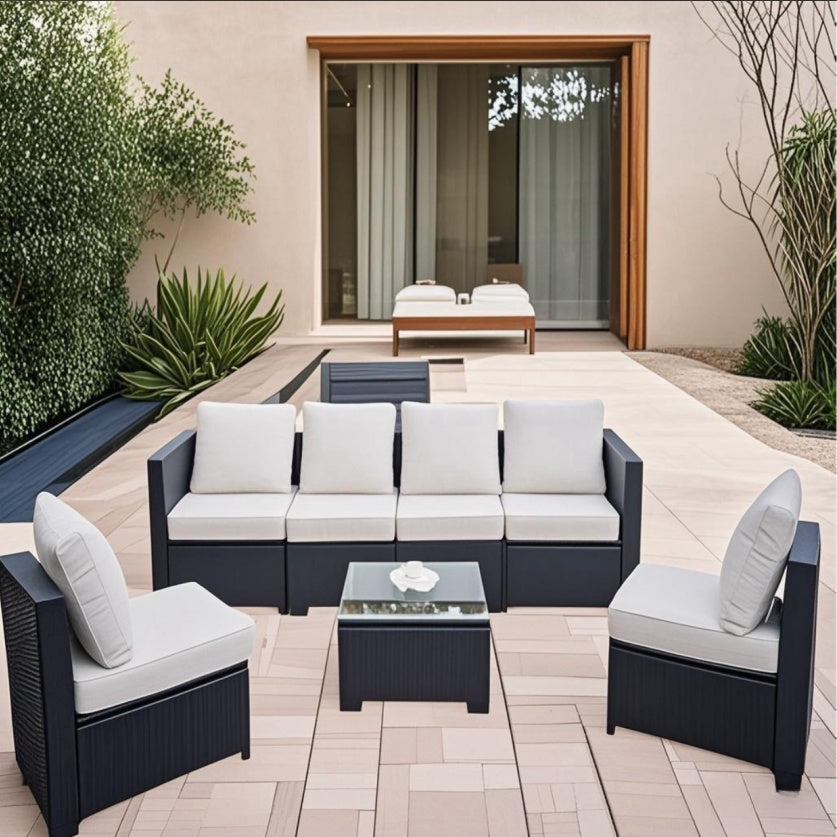 Seven-Piece Sofa Set Table With Sofa Chair Black PE Rattan Outdoor Furniture 7-JH002 Box 3-1-2-3 With Color Cushion