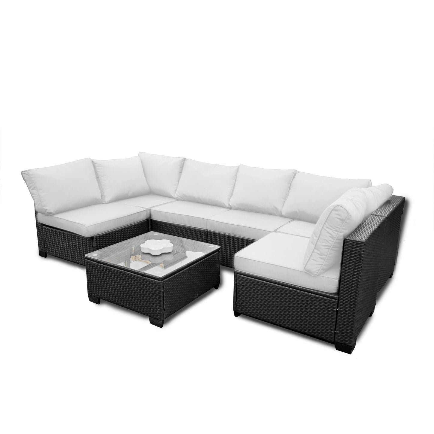 Seven-Piece Sofa Set Table With Sofa Chair Black PE Rattan Outdoor Furniture 7-JH002 Box 3-1-2-3 With Color Cushion