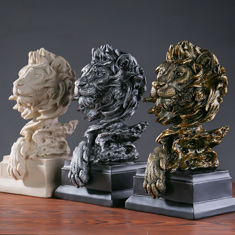American Retro Animal Copper Lion Head Portrait Resin Craft Ornament Hallway Office Wine Cabinet Decoration
