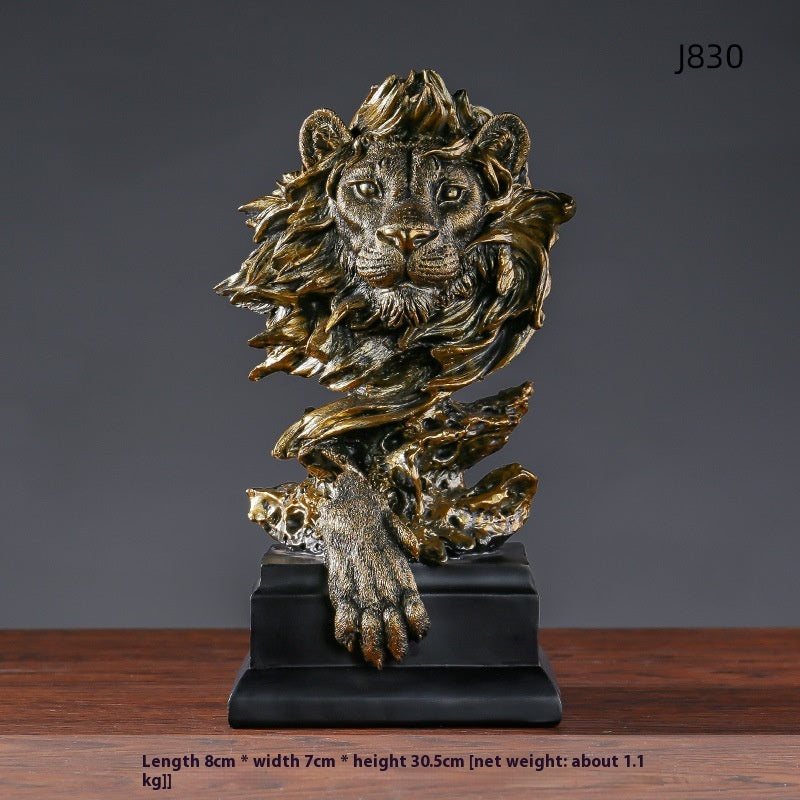 American Retro Animal Copper Lion Head Portrait Resin Craft Ornament Hallway Office Wine Cabinet Decoration