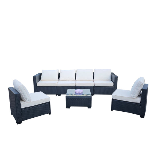 Seven-Piece Sofa Set Table With Sofa Chair Black PE Rattan Outdoor Furniture 7-JH002 Box 3-1-2-3 With Color Cushion