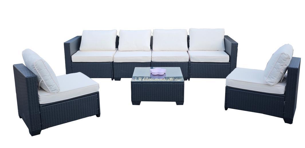 Seven-Piece Sofa Set Table With Sofa Chair Black PE Rattan Outdoor Furniture 7-JH002 Box 3-1-2-3 With Color Cushion
